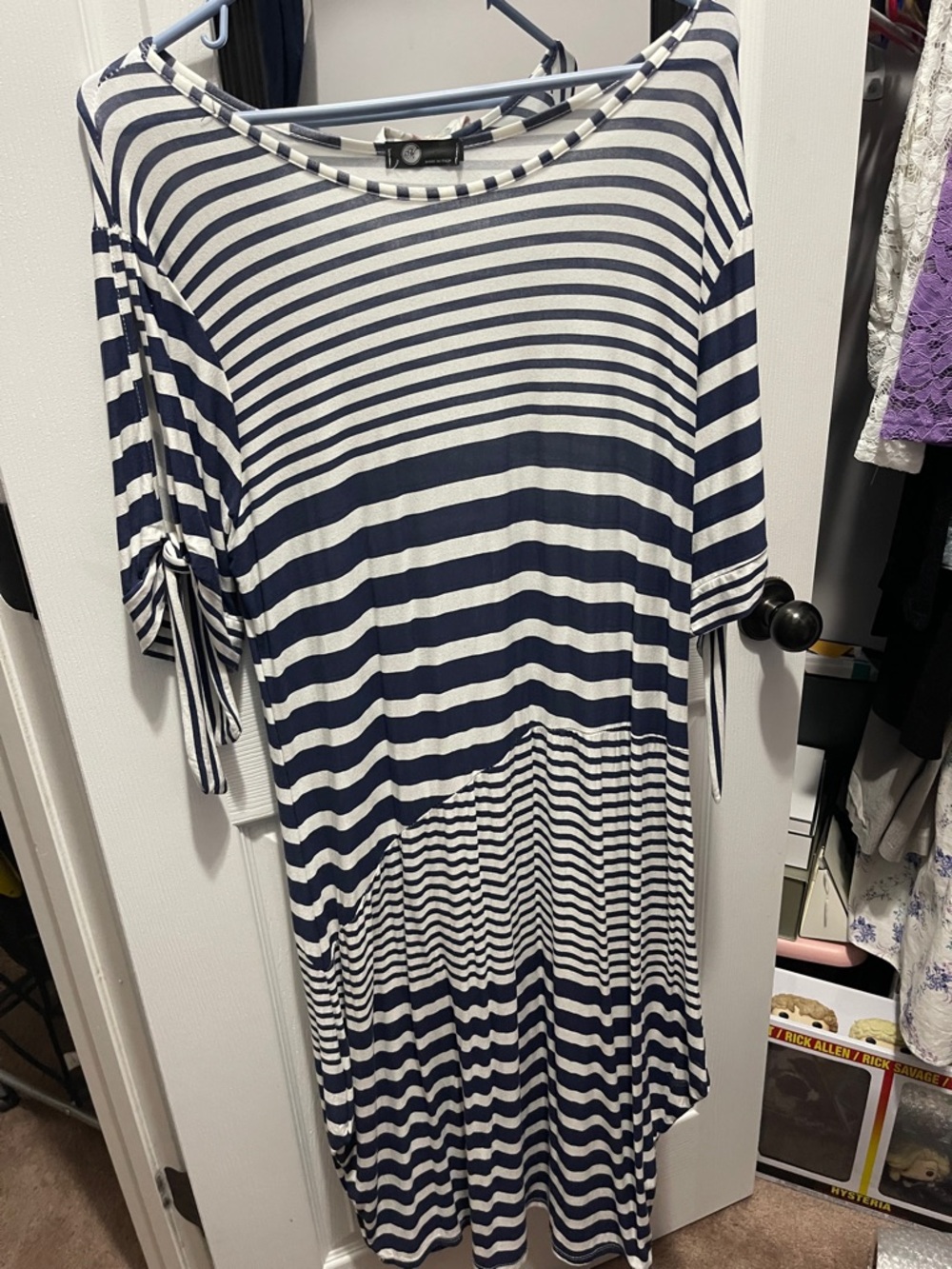 Striped Navy and White Midi Dress - Casual Tie-Sleeve